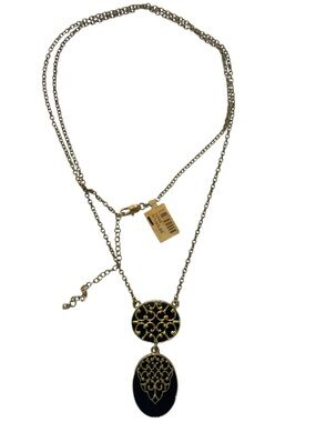 NWT Black Gold Double Circle Oval Pendant Long Necklace
